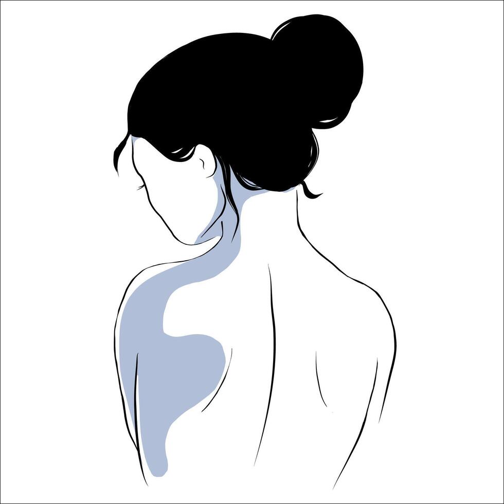 portrait of beautiful woman in black and white with shadows, girl with long hair in a bun and closed eyes. Gentle silhouette, fashion illustration. Portrait from the back vector