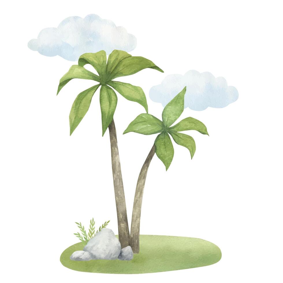 Watercolor illustration composition of a stylized palm tree on green grass with clouds and stone, isolated. For children's room decor, compositions, backgrounds vector