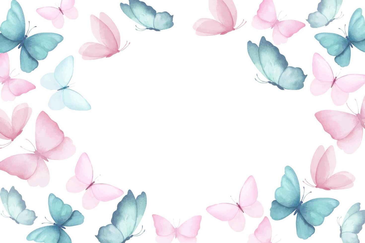 Watercolor rectangular frame or banner with illustration of delicate blue and pink butterflies in round. Handmade, isolated vector