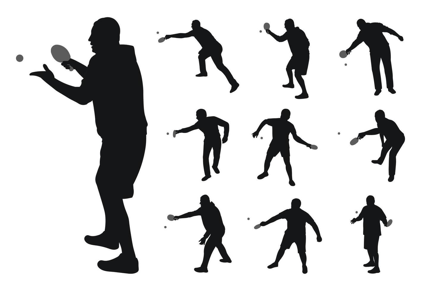 Set of black silhouettes of tennis players with racket and ball, isolated vector