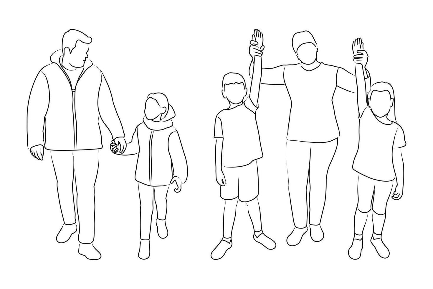 Sketch outline of adults and children while walking, isolated vector