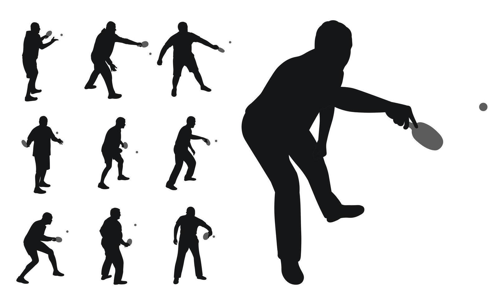 Set of black silhouettes of tennis players with racket and ball, isolated vector