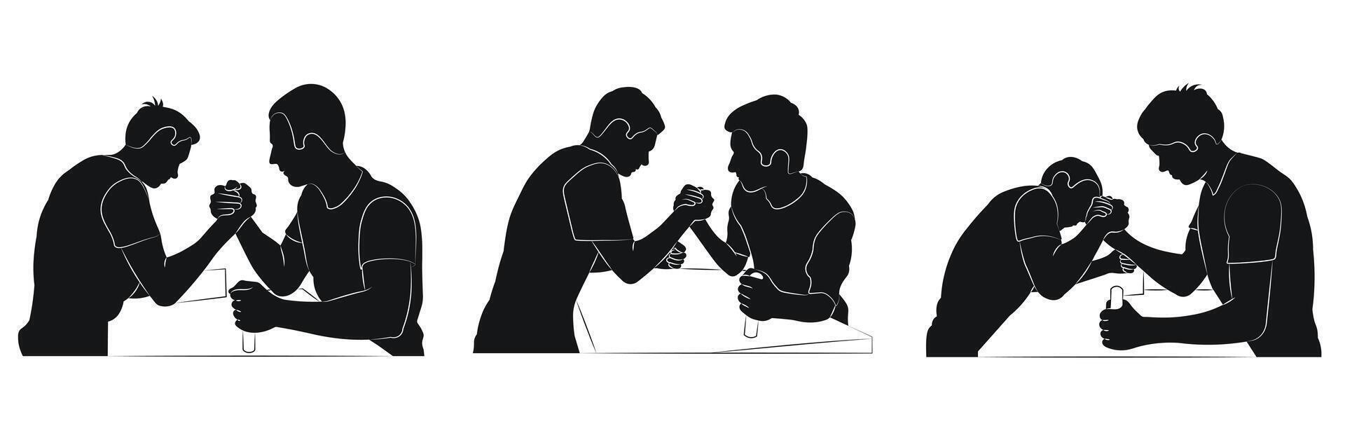 Sketch of men compete in arm wrestling. Isolated silhouettes on white background vector