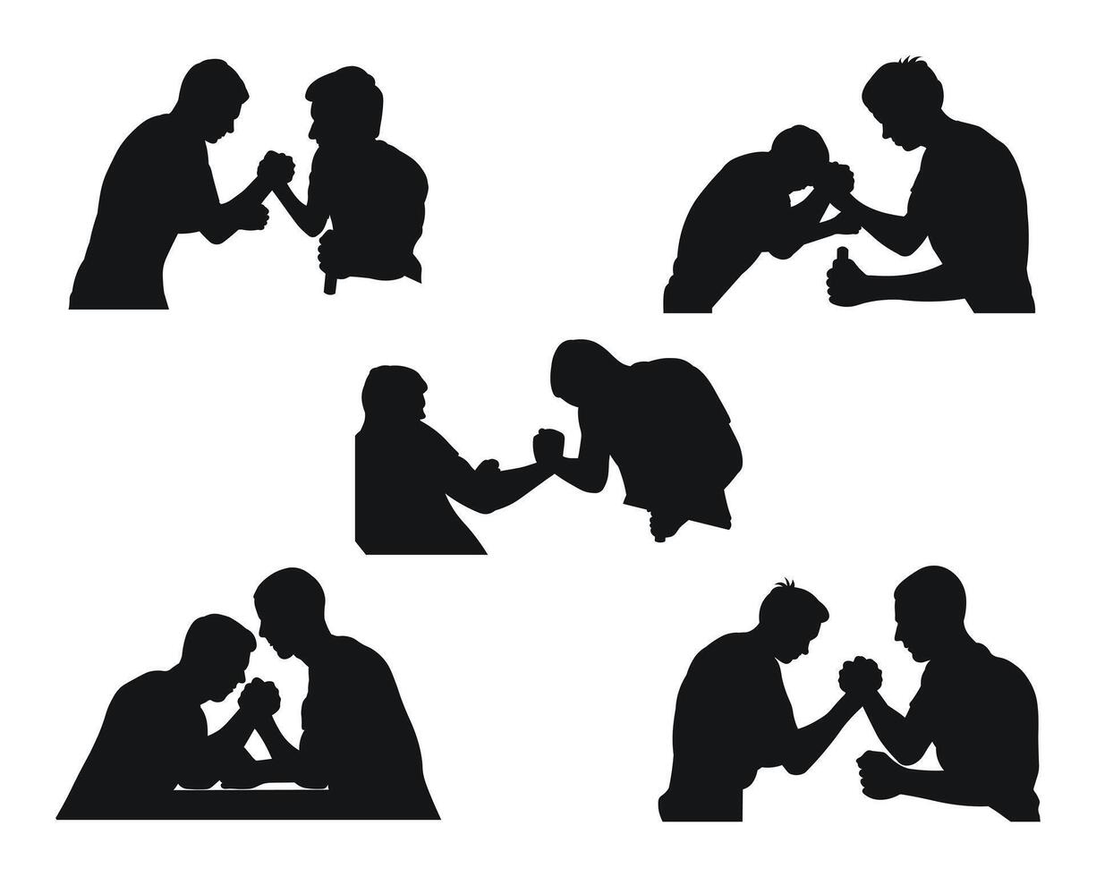 Silhouette of wrestlers on arms, powerful handshake. Muscular strong people, men, male. Two muscular arms that are wrestling vector