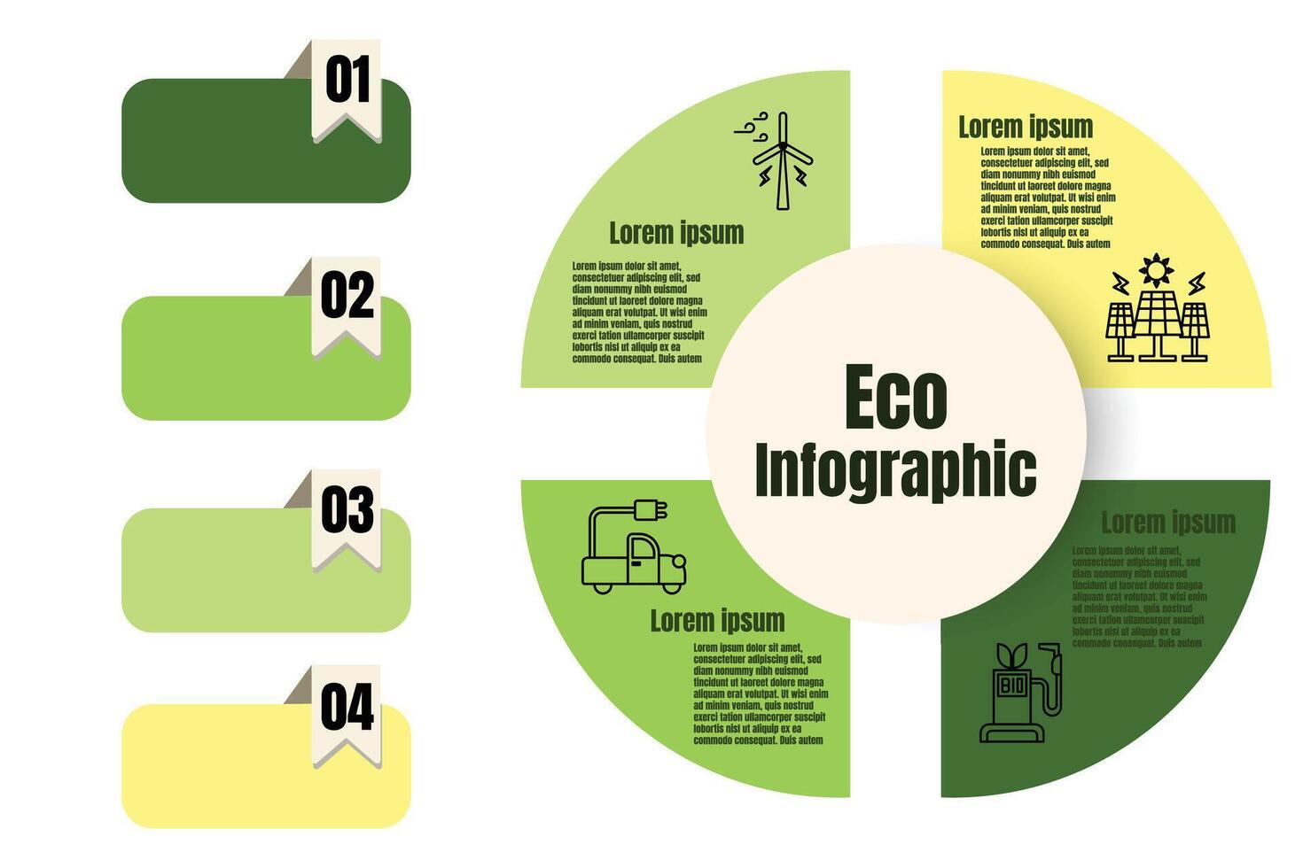 Infographic renewable energy template for energy consumption sustainable information presentation. square and icon elements. ecology modern workflow diagrams. Report plan 4 topics vector