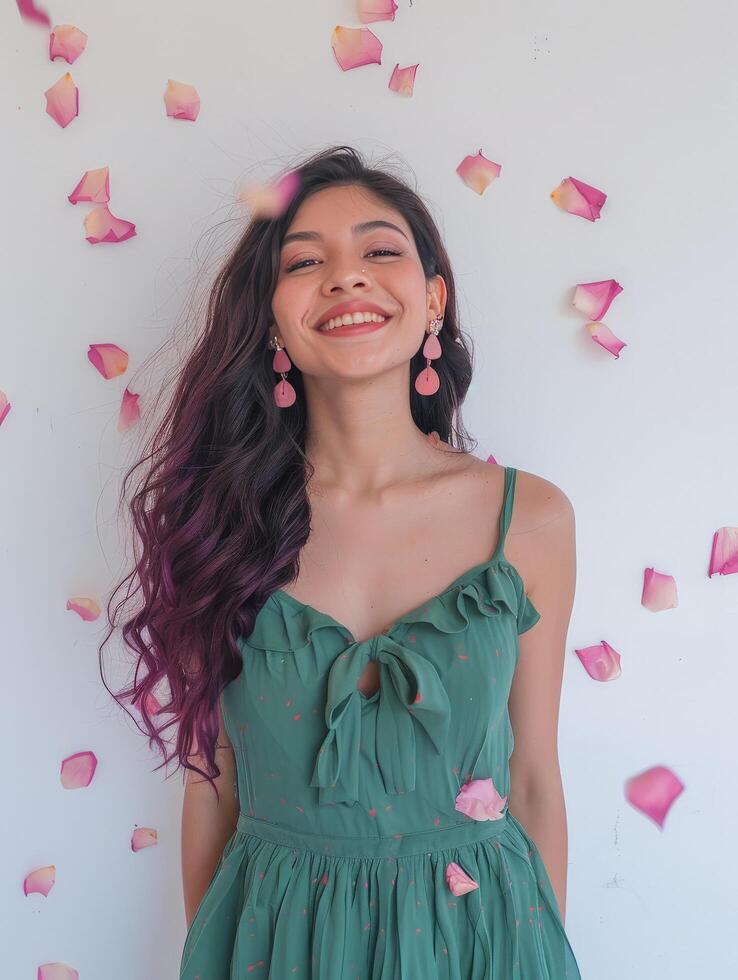 mujer con púrpura pelo en pie en frente de blanco pared foto