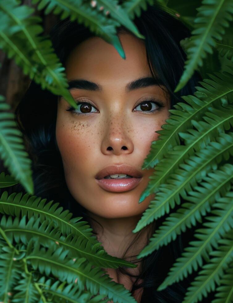 Woman Peeking Behind Green Plant photo