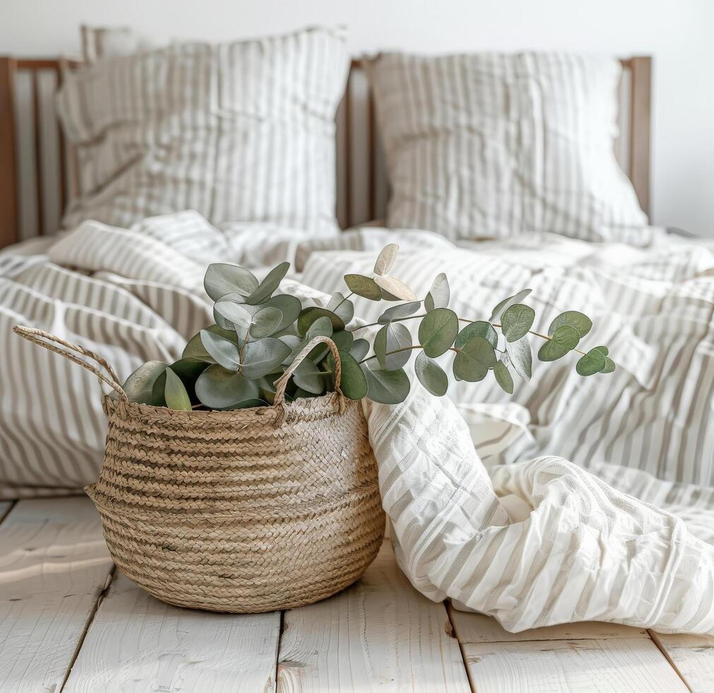 Wicker Basket With Plant on Bed photo