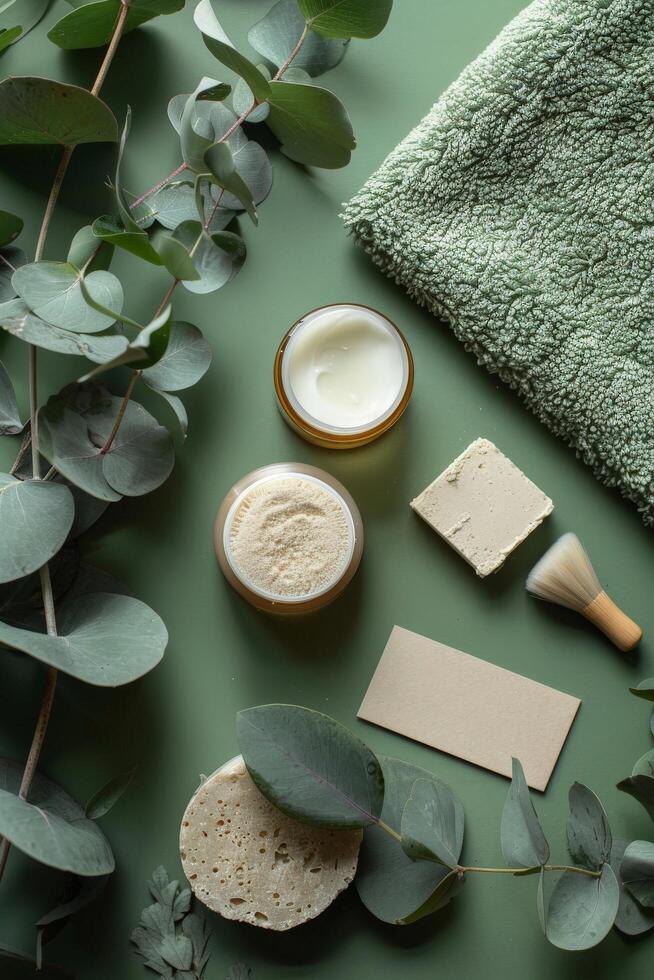 Green Table With Cream Bowl and Towel photo