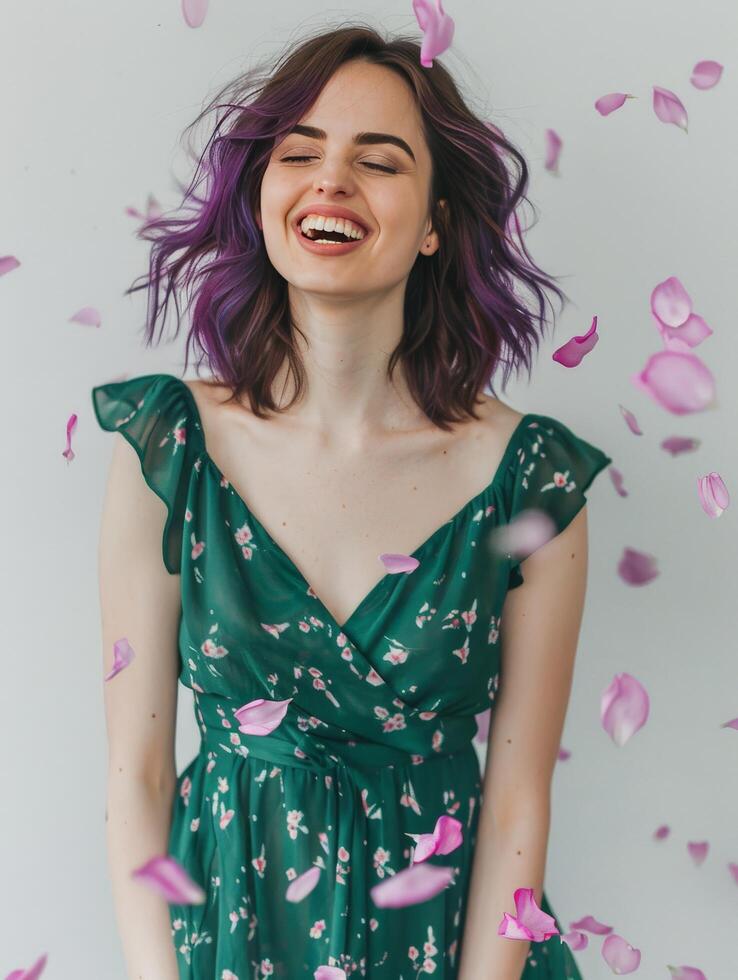 Woman With Purple Hair Standing in Front of Wall photo