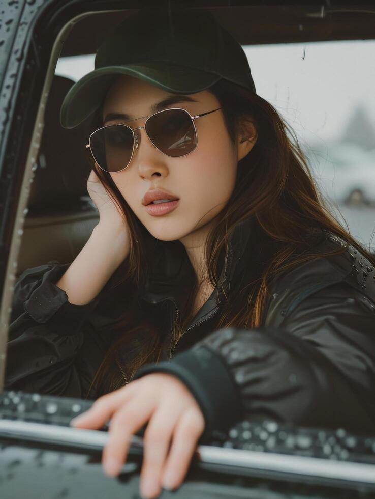 mujer sentado en coche con sombrero y Gafas de sol foto