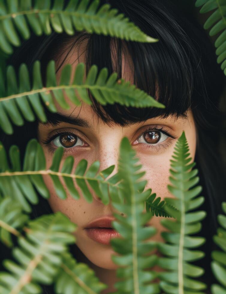 Woman Peeking Behind Green Plant photo