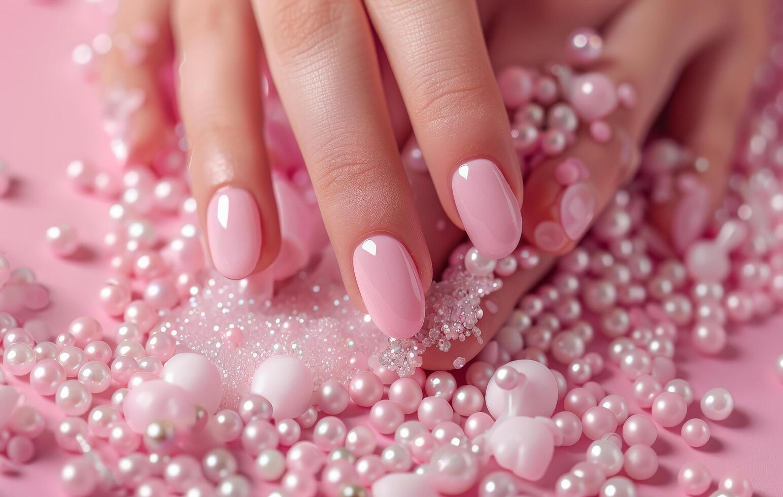 Womans Hands With Pink and White Nail Polish photo