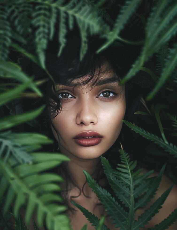 Woman Hiding Behind Green Plant photo