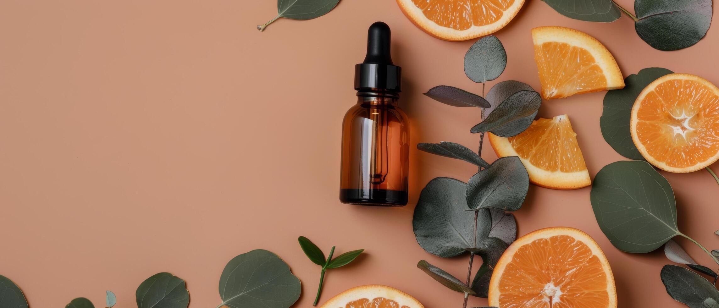Bottle of Essential Oil With Oranges and Eucalyptus Leaves photo