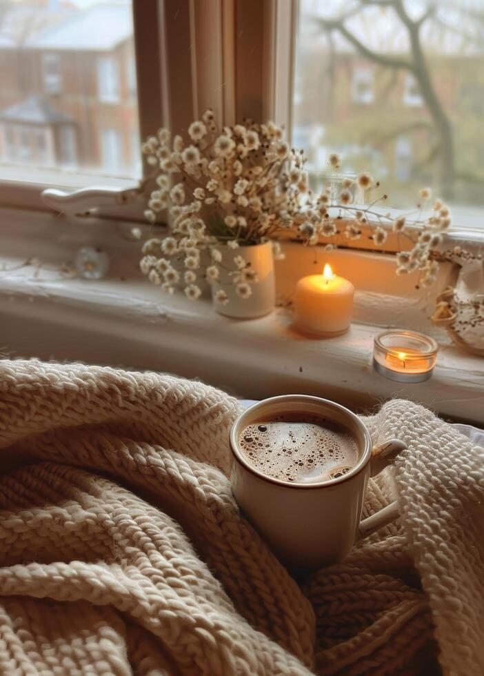 A Cup of Coffee on a Table Next to a Window photo