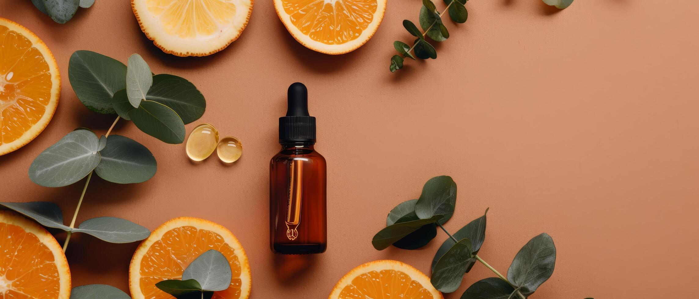 botella de esencial petróleo con naranjas y eucalipto hojas foto