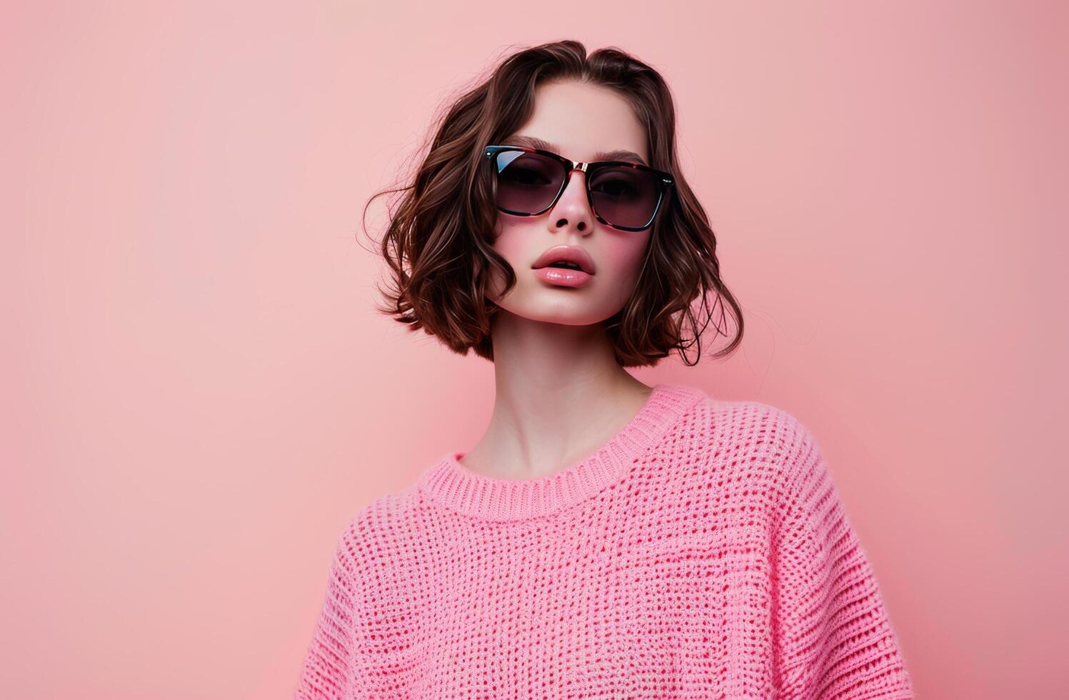 Woman Wearing Pink Sweater and Sunglasses photo