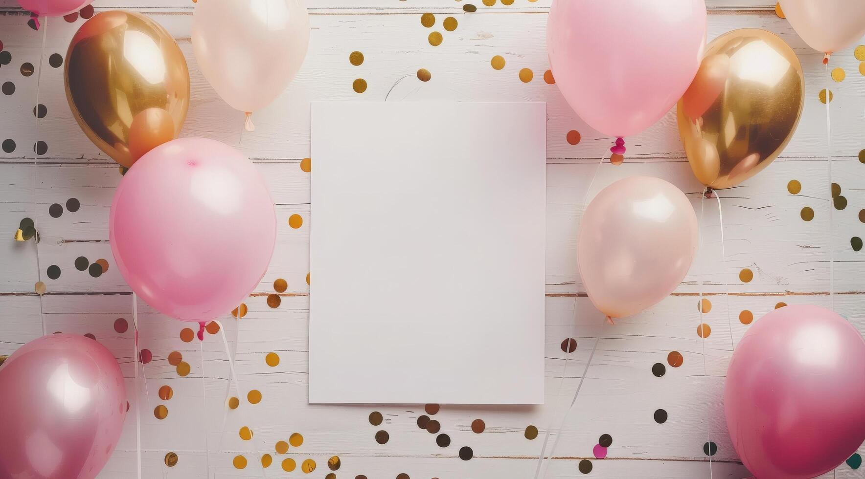 White Card Surrounded by Balloons and Confetti photo