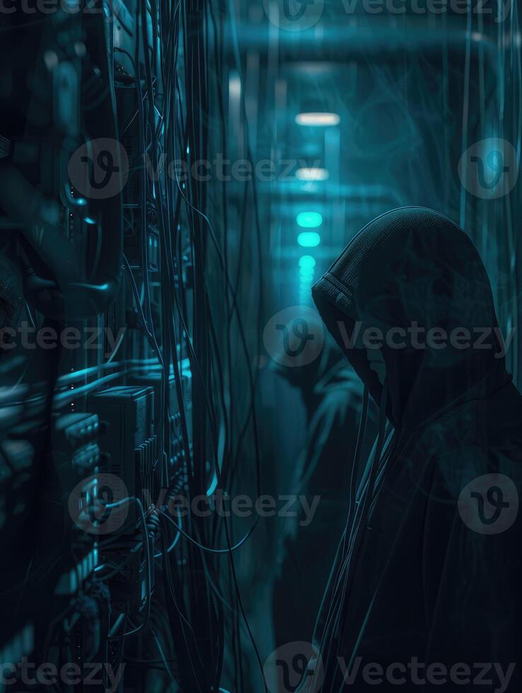 AI generated Hackers wear masks and hooded jackets, covering their faces. They are working on computers in a dark room. photo