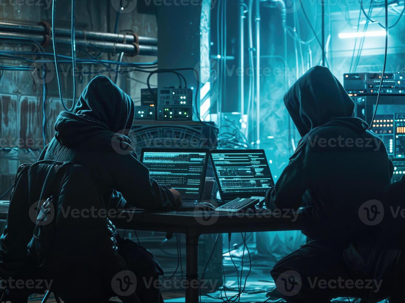 AI generated Hackers wear masks and hooded jackets, covering their faces. They are working on computers in a dark room. photo