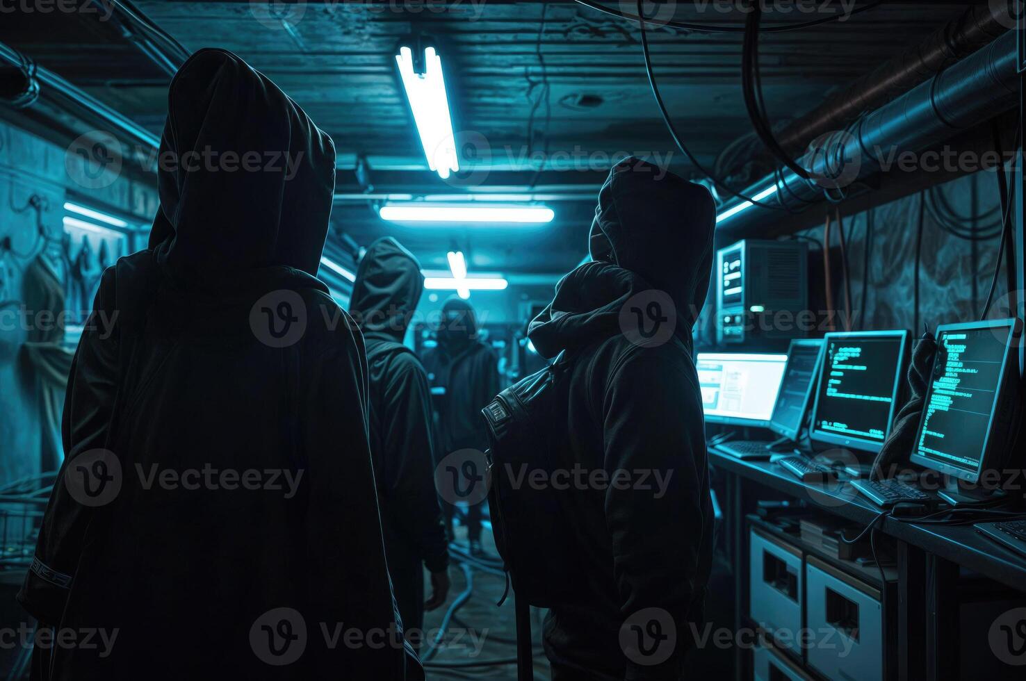 AI generated Hackers wear masks and hooded jackets, covering their faces. They are working on computers in a dark room. photo