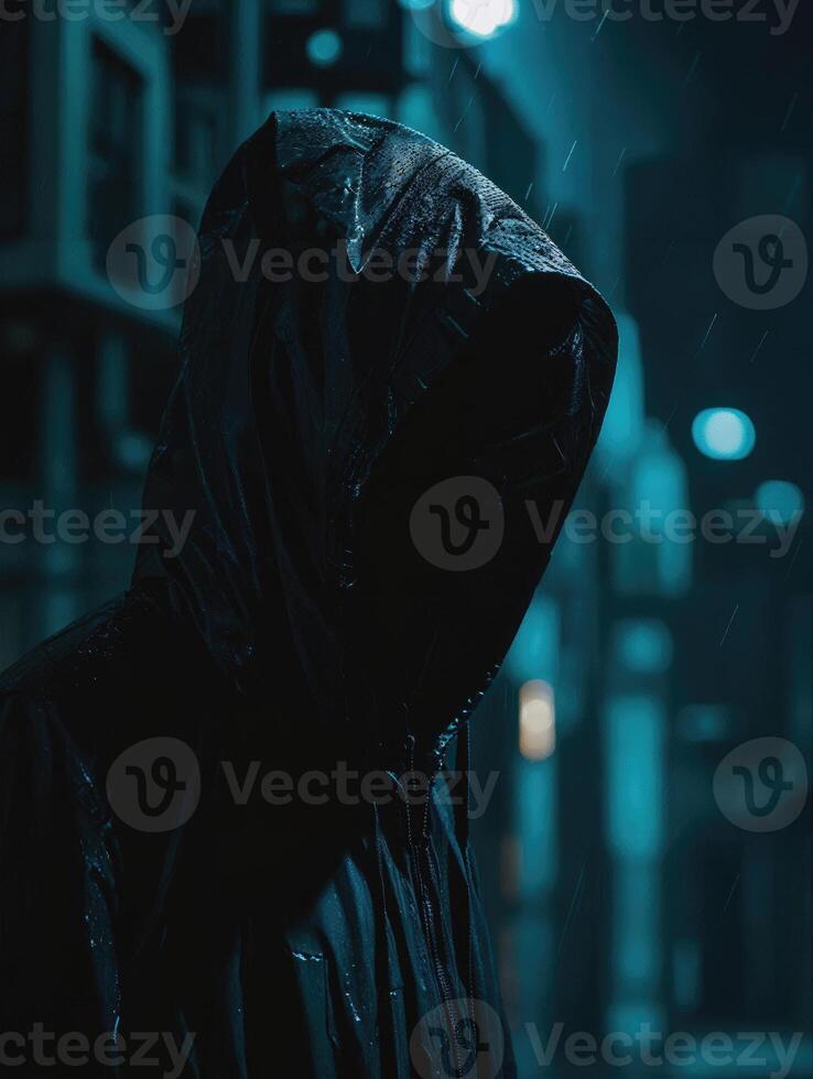 AI generated Hackers wear masks and hooded jackets, covering their faces. They are working on computers in a dark room. photo