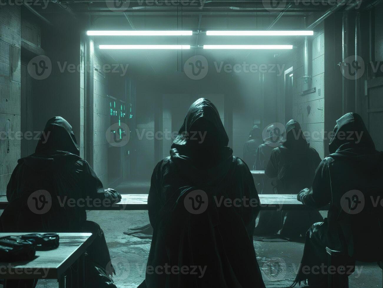 AI generated Hackers wear masks and hooded jackets, covering their faces. They are working on computers in a dark room. photo