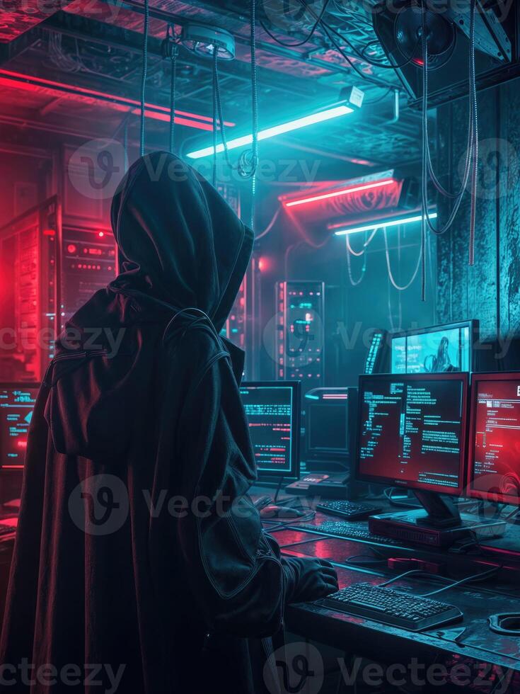 AI generated Hackers wear masks and hooded jackets, covering their faces. They are working on computers in a dark room. photo
