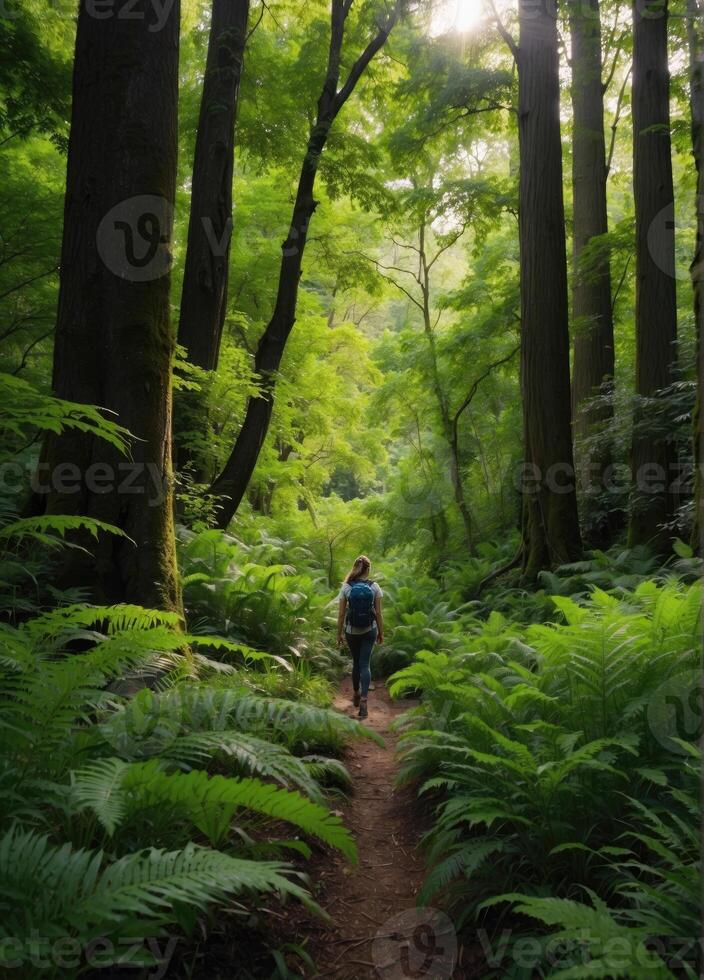 AI generated a person immersed in nature, surrounded by lush greenery or towering trees, with a serene expression of awe and appreciation. photo