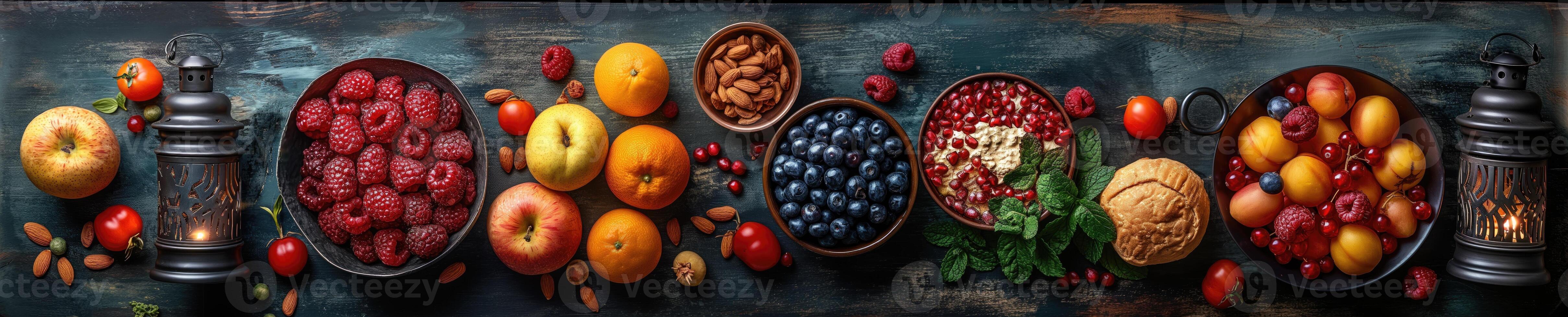 AI generated The banner image features a wooden table topped with various bowls and vases filled with different fruits and berries. photo