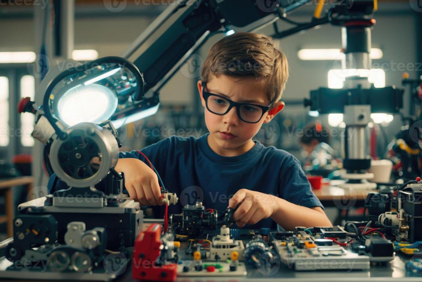 Young Boy Engaged in Robotics Assembly in a Modern Workshop During a Science Camp. photo