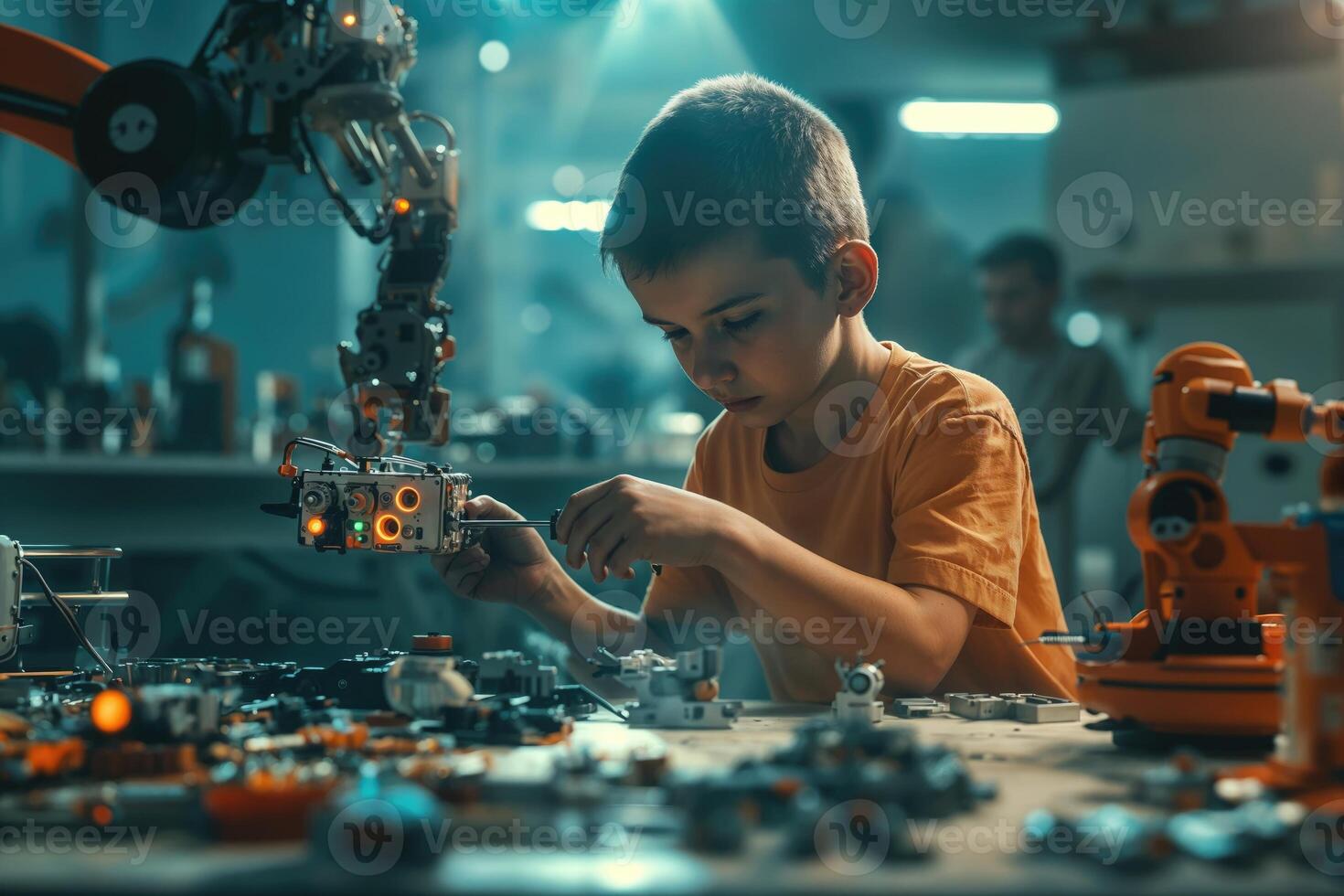 Young Boy Engaged in Robotics Assembly in a Modern Workshop During a Science Camp. photo