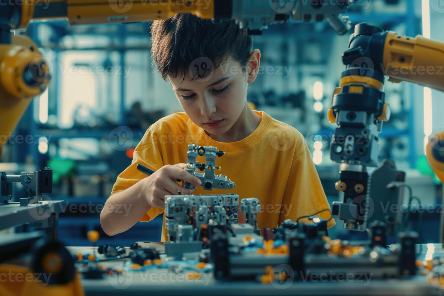 Young Boy Engaged in Robotics Assembly in a Modern Workshop During a Science Camp. photo