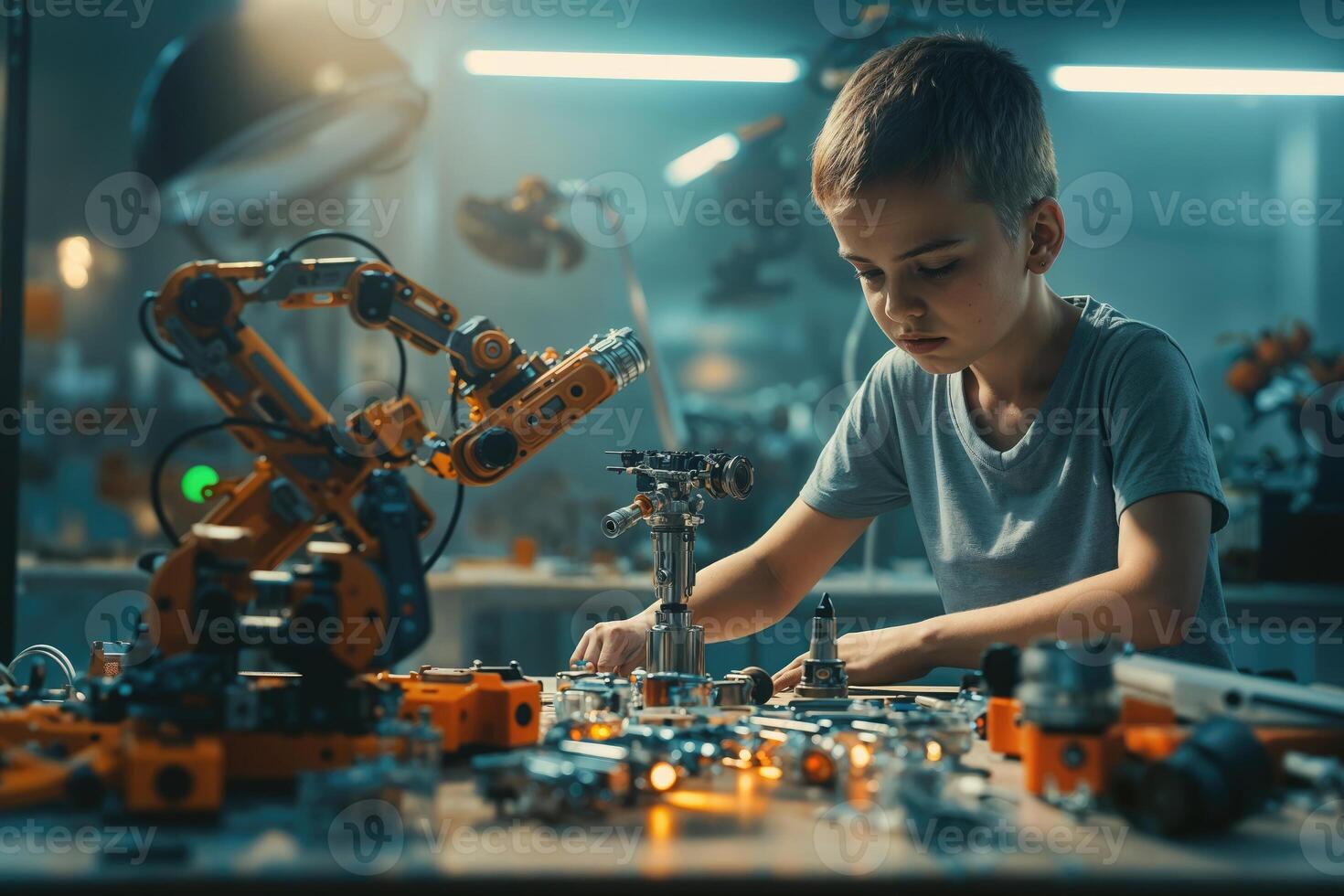 Young Boy Engaged in Robotics Assembly in a Modern Workshop During a Science Camp. photo