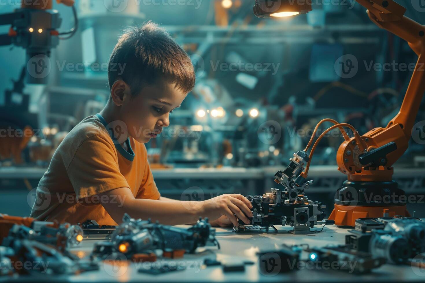 Young Boy Engaged in Robotics Assembly in a Modern Workshop During a Science Camp. photo