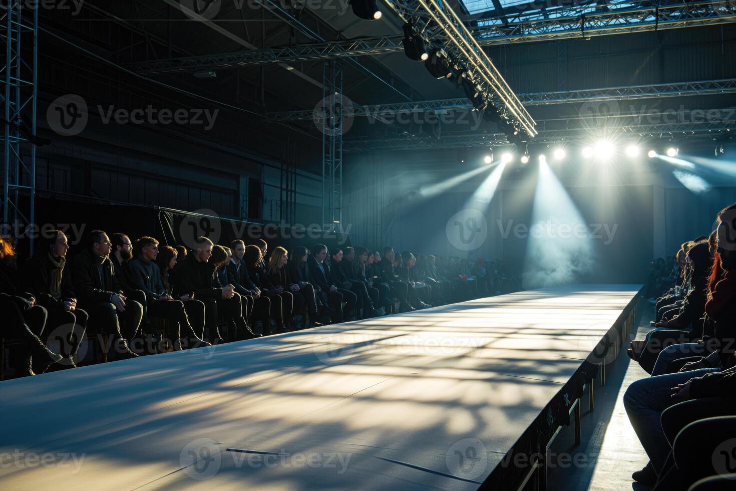 Audience Seated Along the Runway at a Fashion Show Under Spotlight. photo