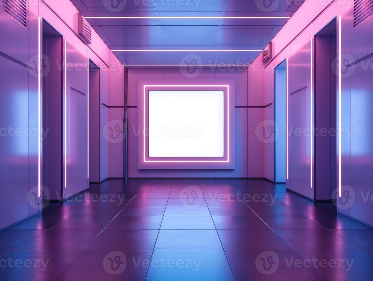 A mockup of a blank square photo frame hanging in the middle of wall with Futuristic, cyberpunk decoration