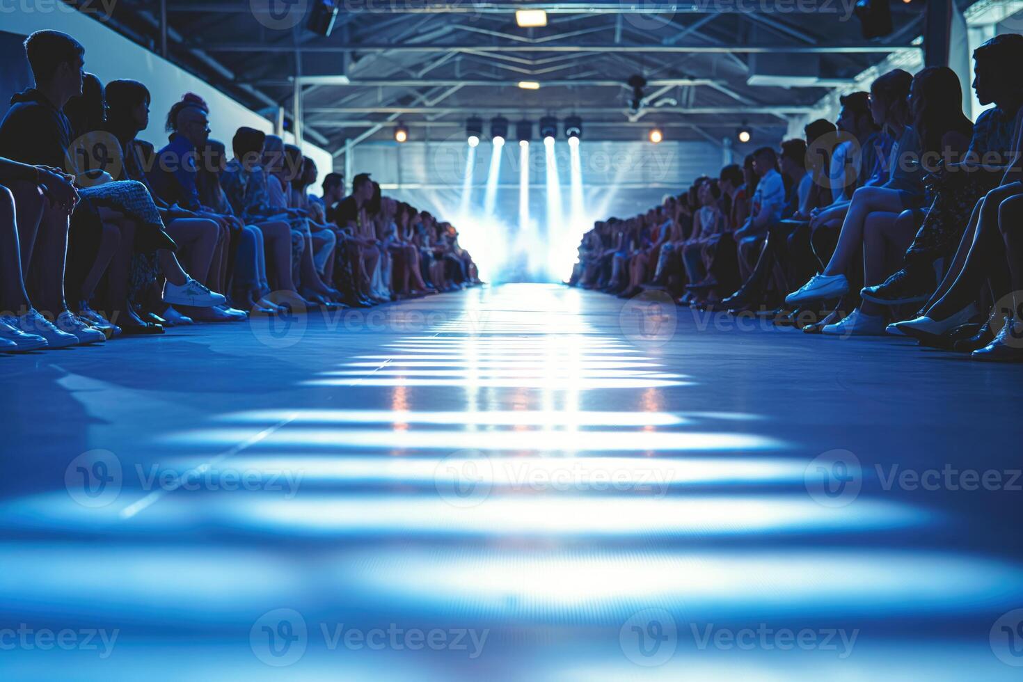 Audience Seated Along the Runway at a Fashion Show Under Spotlight. photo