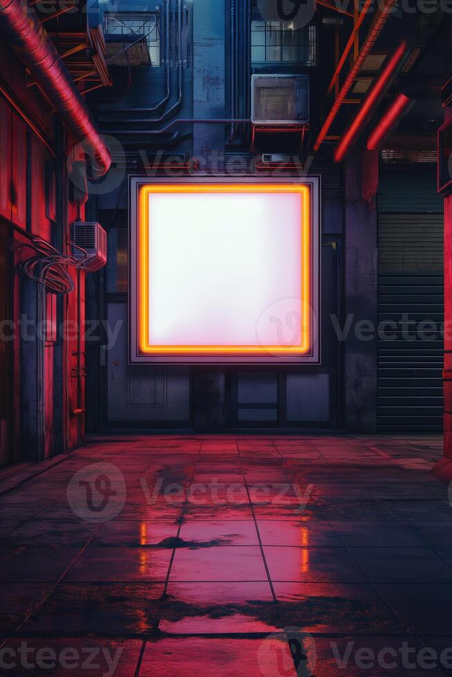 A mockup of a blank square photo frame hanging in the middle of wall with Futuristic, cyberpunk decoration