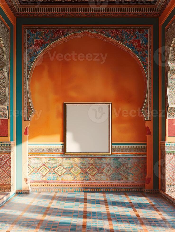 A mockup of a blank square photo frame hanging in the middle of wall with Moroccan, Middle Eastern, vibrant decoration.