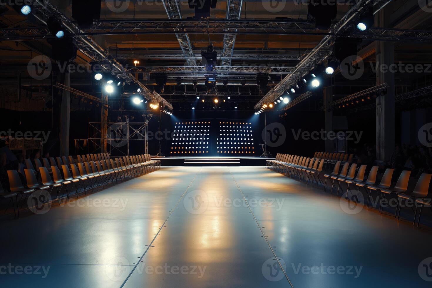 Empty Runway at a Fashion Show Under Spotlight. photo