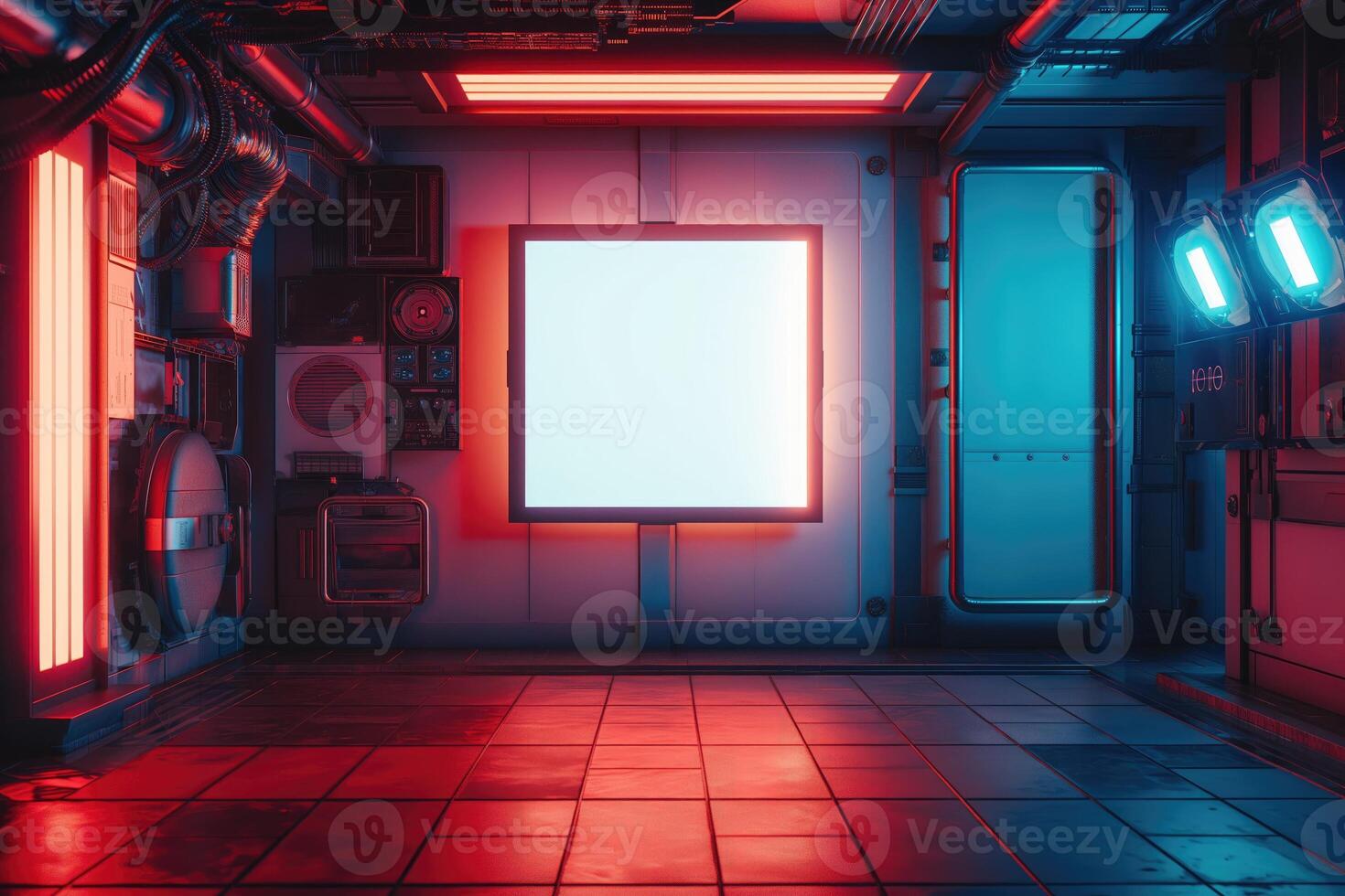 A mockup of a blank square photo frame hanging in the middle of wall with Futuristic, cyberpunk decoration