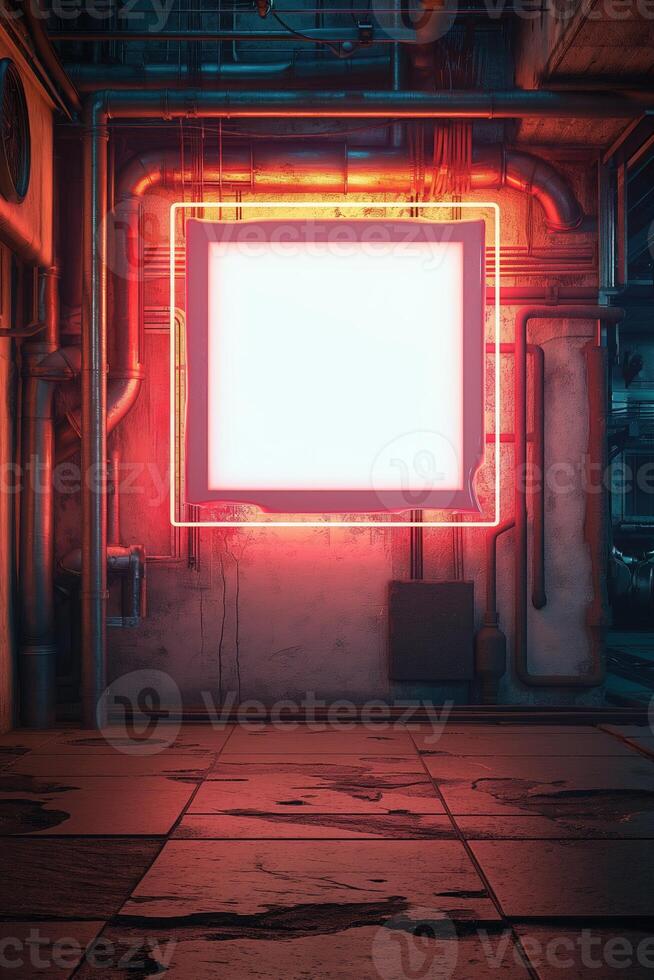 A mockup of a blank square photo frame hanging in the middle of wall with Futuristic, cyberpunk decoration