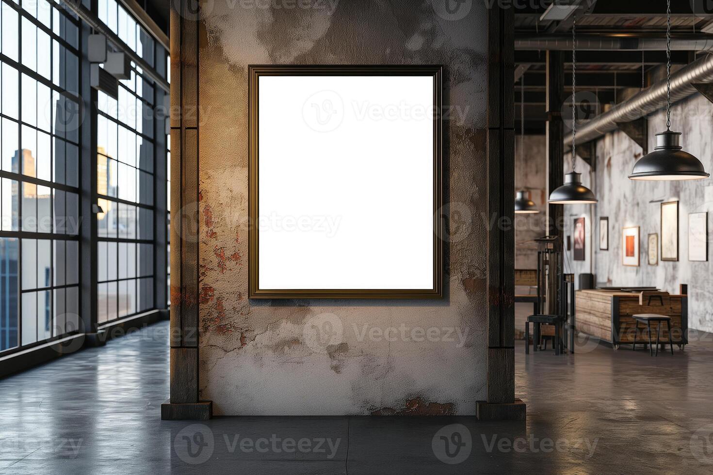 A mockup of a blank square photo frame hanging in the middle of wall with Industrial, urban, loft-style decoration