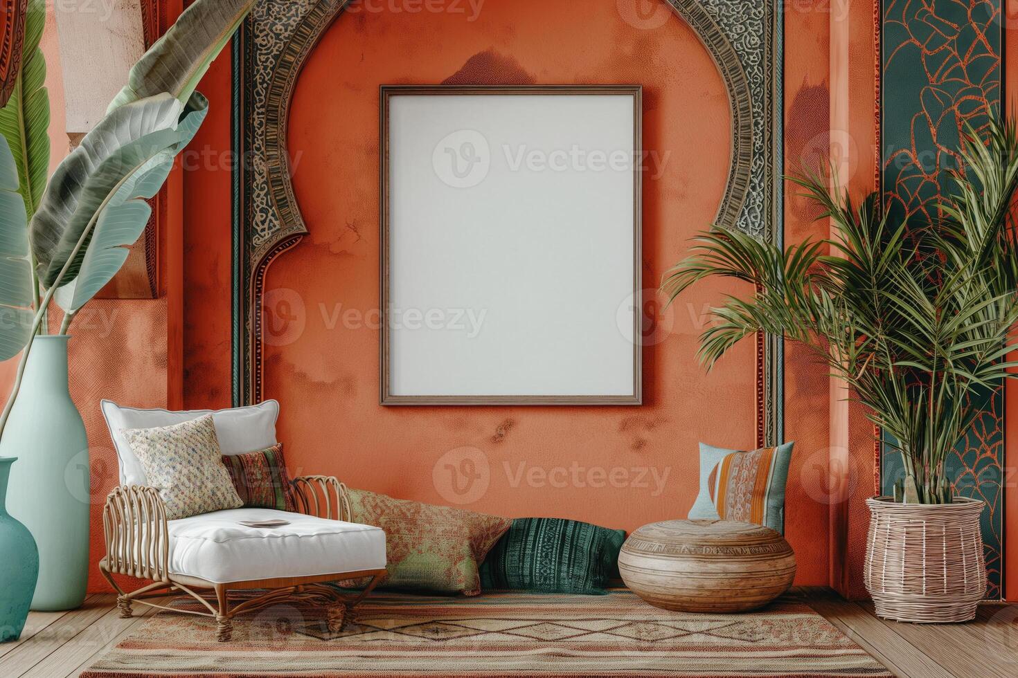 un Bosquejo de un blanco cuadrado foto marco colgando en el medio de pared con marroquí, medio oriental, vibrante decoración.