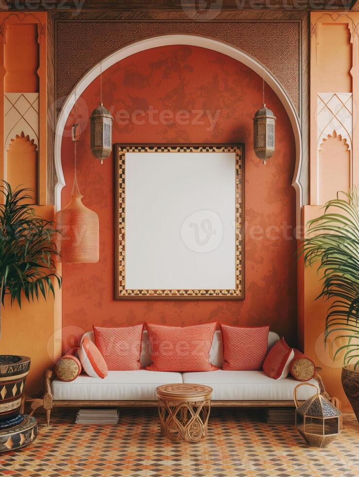 A mockup of a blank square photo frame hanging in the middle of wall with Moroccan, Middle Eastern, vibrant decoration.