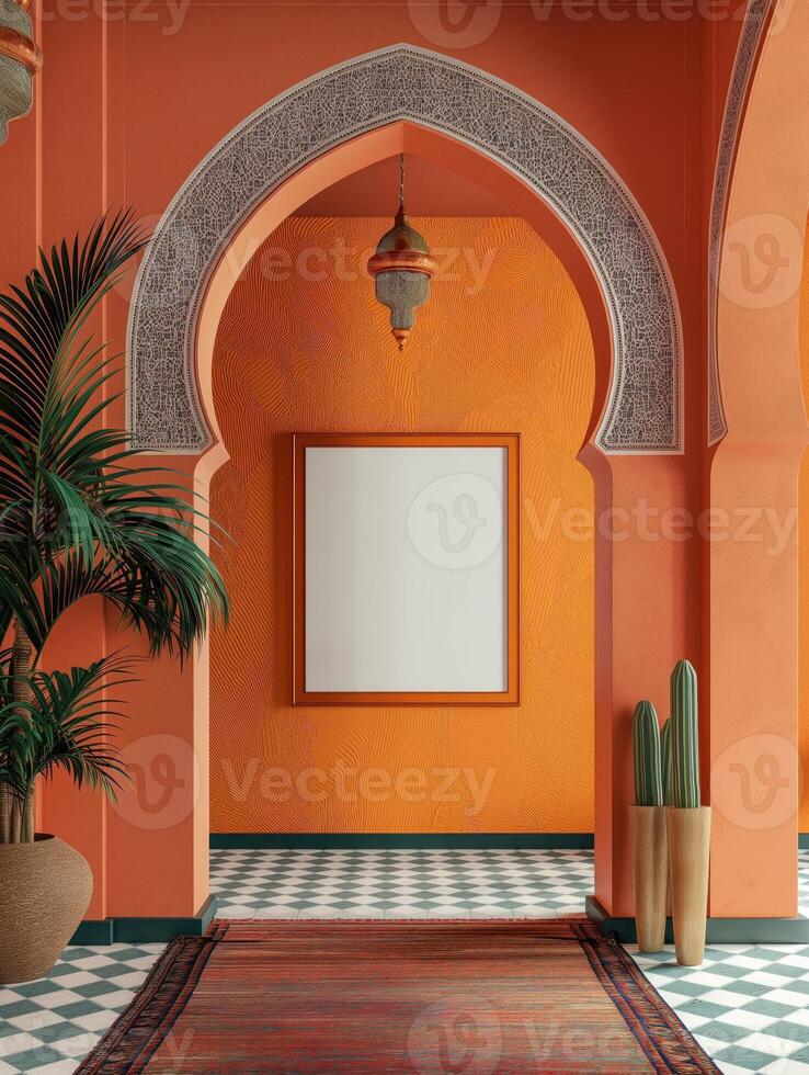 A mockup of a blank square photo frame hanging in the middle of wall with Moroccan, Middle Eastern, vibrant decoration.