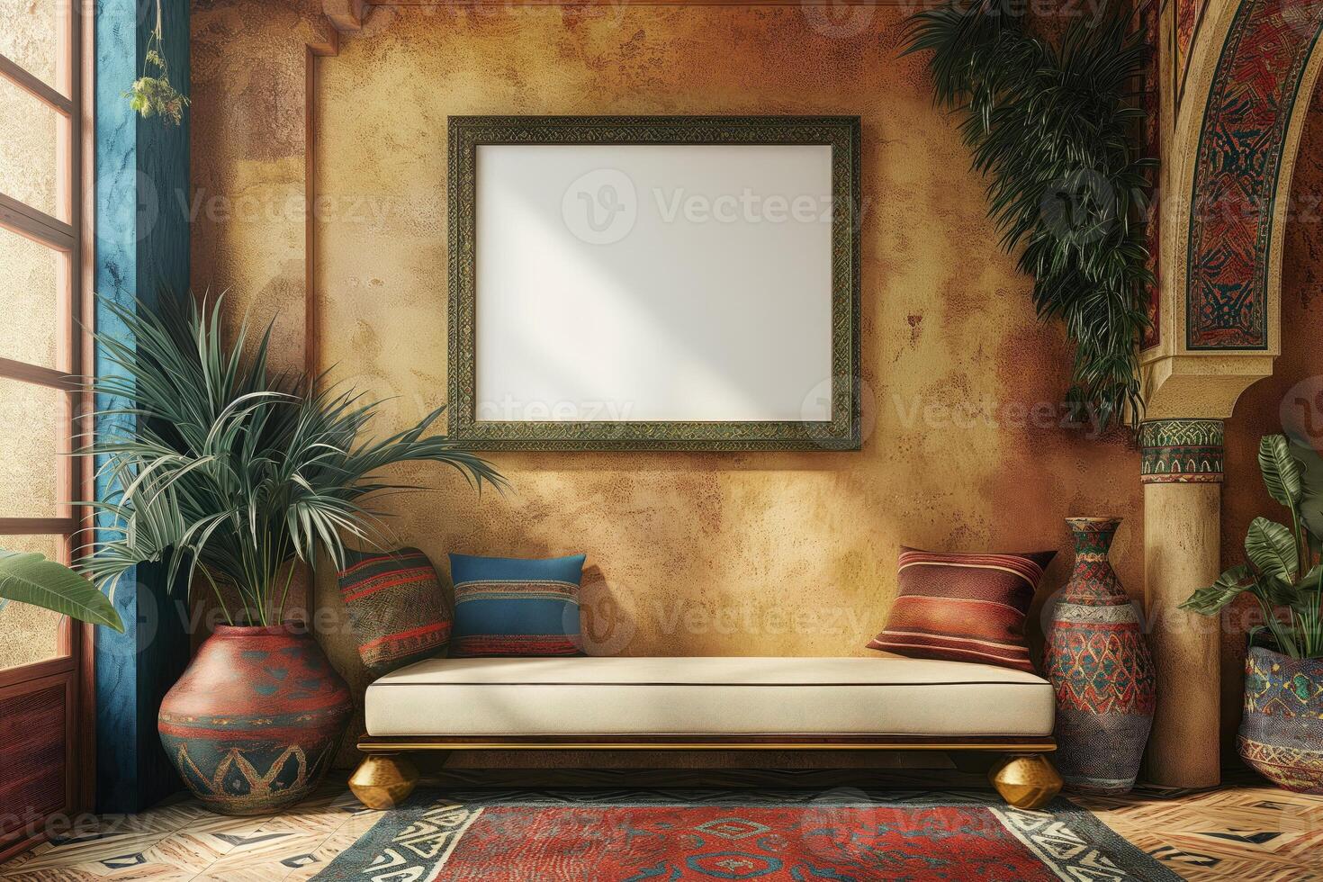 A mockup of a blank square photo frame hanging in the middle of wall with Moroccan, Middle Eastern, vibrant decoration.