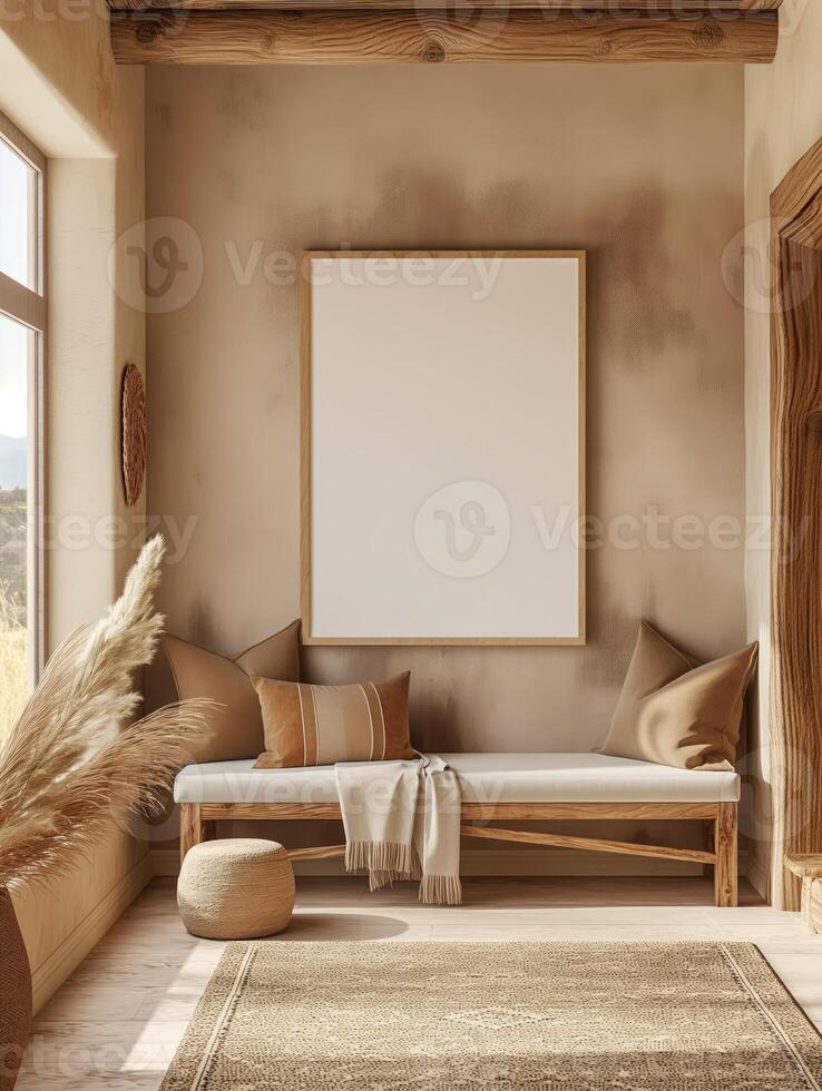 un Bosquejo de un blanco cuadrado foto marco colgando en el medio de pared con del suroeste, desierto, terroso decoración.